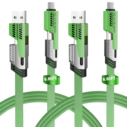 Gartmost 2Pack 4 in 1 Fast Charging Cable, Transferring Data, 6.65 Ft, Braided Cable 65W, USB C USB A and IP, Multiple Charging Cable Compatible with iPhone 17/16/15/14/13/12/11/X/9/8, Pad/More (Green) - Image 1