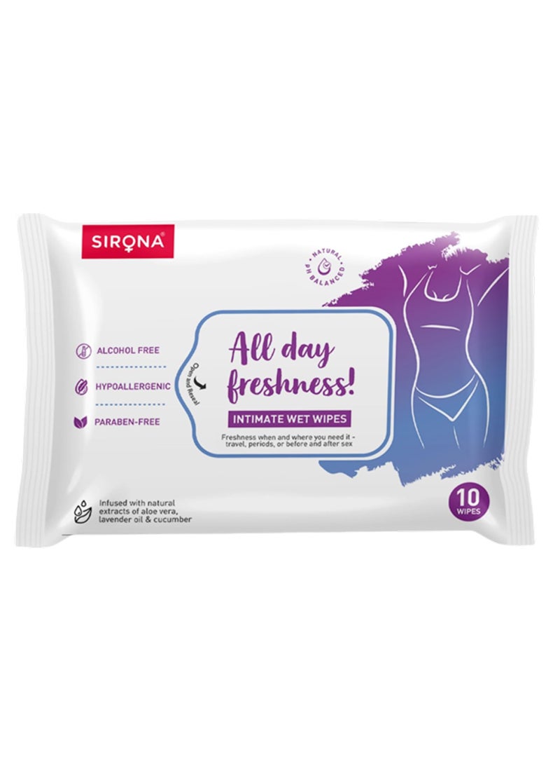 Sirona Natural Intimate Wipes, PH Balanced 10 Wipes - Image 1