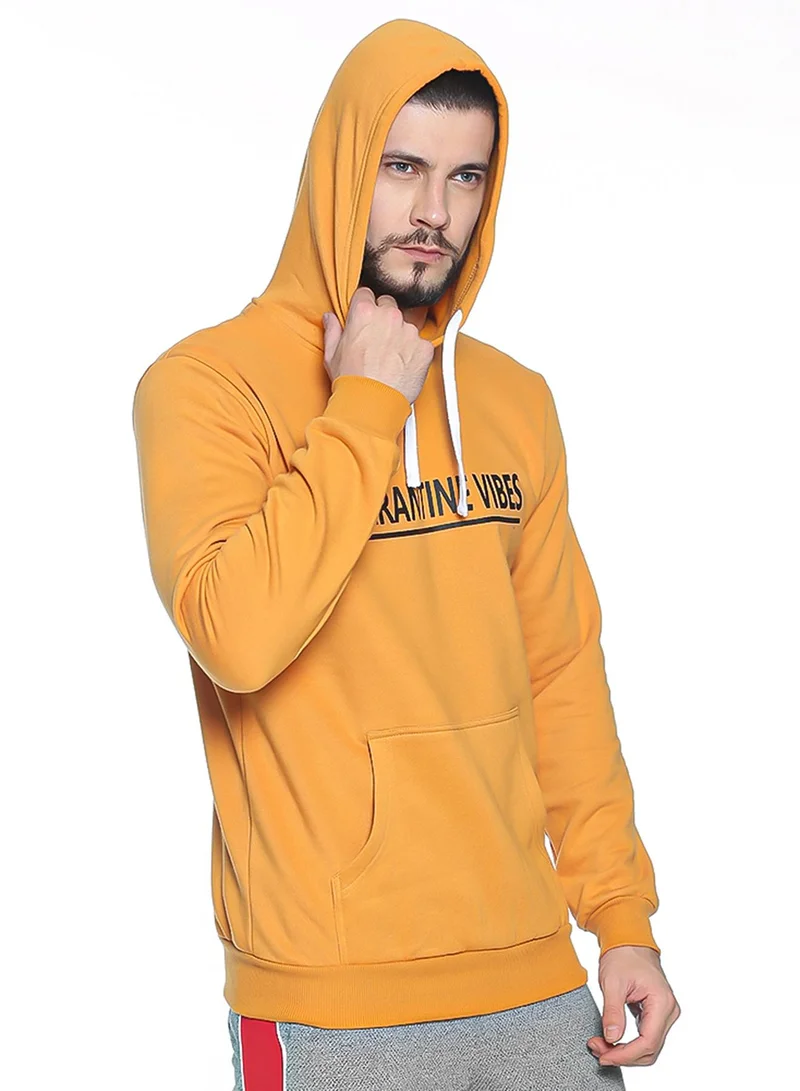 Campus Sutra Men's Mustard Yellow Quarantine-Vibes Print Pullover Hoodie