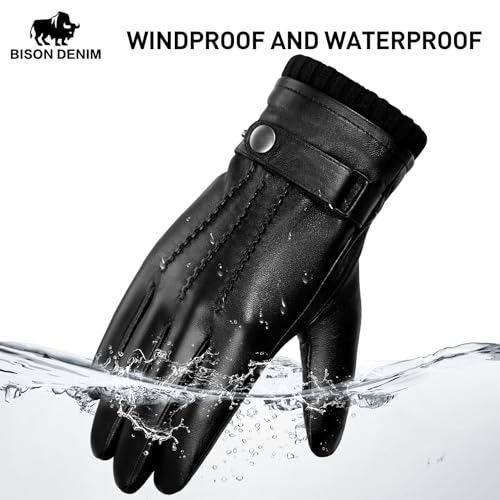 BISON DENIM Sheepskin Leather Winter Warm Touchscreen Gloves with Cashmere Lining, Driving Motorcycle Gloves, Black, L - Image 4