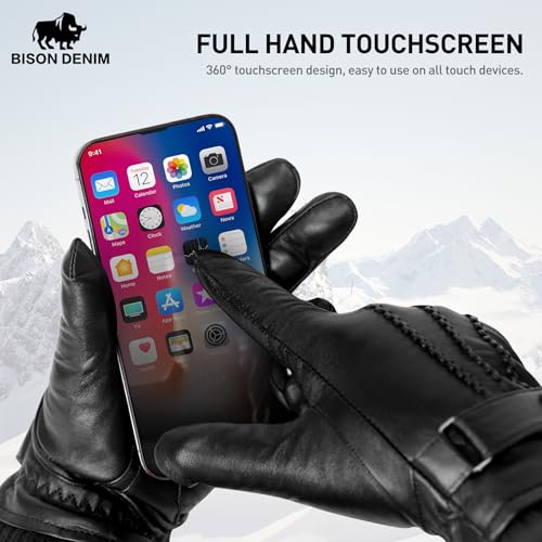 BISON DENIM Sheepskin Leather Winter Warm Touchscreen Gloves with Cashmere Lining, Driving Motorcycle Gloves, Black, L - Image 5