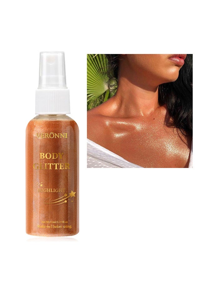 VERONNI Body Glitter Highlight，Glitter Body Oil, Moisturizing Lightweight Glitter Glow Illuminator, Non-stick Body Glow Liquid Highlighter Makeup Your Skin, Smooth Liquid Spray Summer Body Illuminator - #04 Bronze Gold  - Image 1