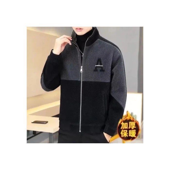 2024 Spring and Autumn Mens Colorblock Fashion Coat Collar Stitching Casual Thickened Warm plus size Top Trendy Dark gray 
