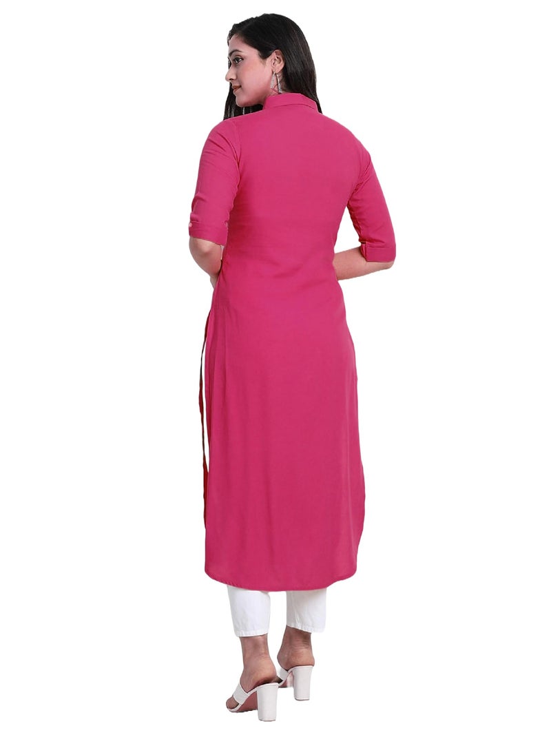 HSD Regular Fit Kurta for Women Solid Collar Pathani Style Long Rayon Kurti for Women Readymade Magenta Large - Image 4
