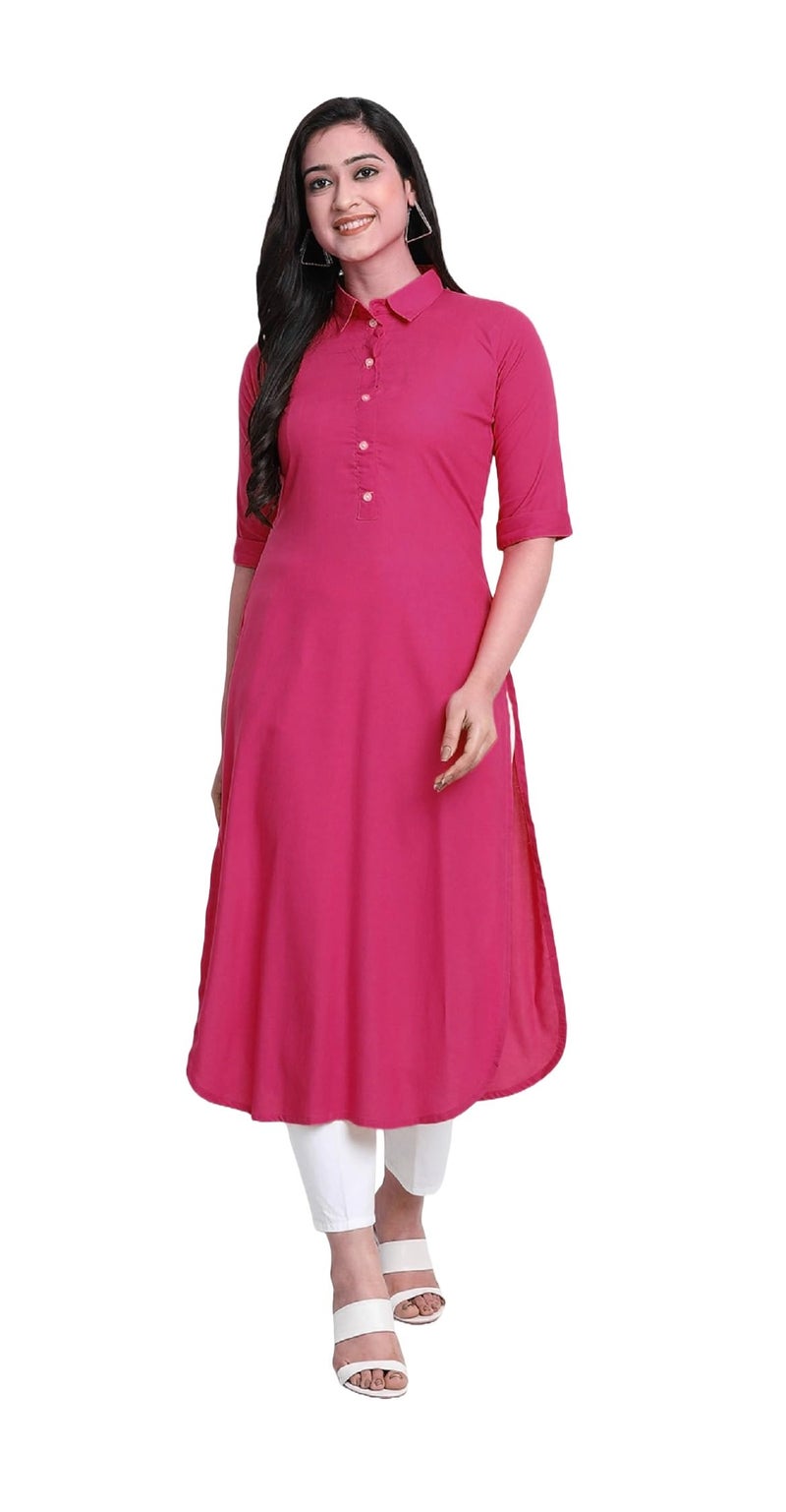 HSD Regular Fit Kurta for Women Solid Collar Pathani Style Long Rayon Kurti for Women Readymade Magenta Large - Image 1