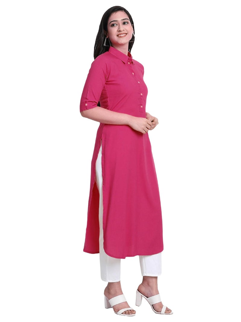 HSD Regular Fit Kurta for Women Solid Collar Pathani Style Long Rayon Kurti for Women Readymade Magenta Large - Image 5