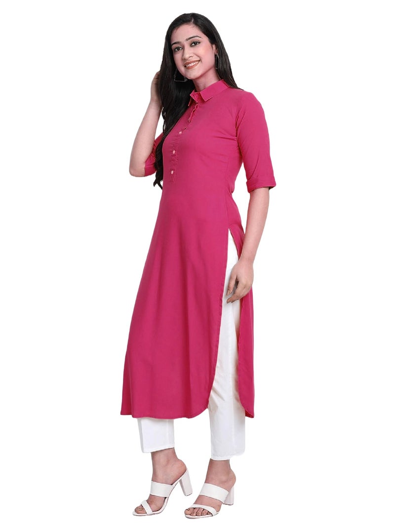 HSD Regular Fit Kurta for Women Solid Collar Pathani Style Long Rayon Kurti for Women Readymade Magenta Large - Image 3