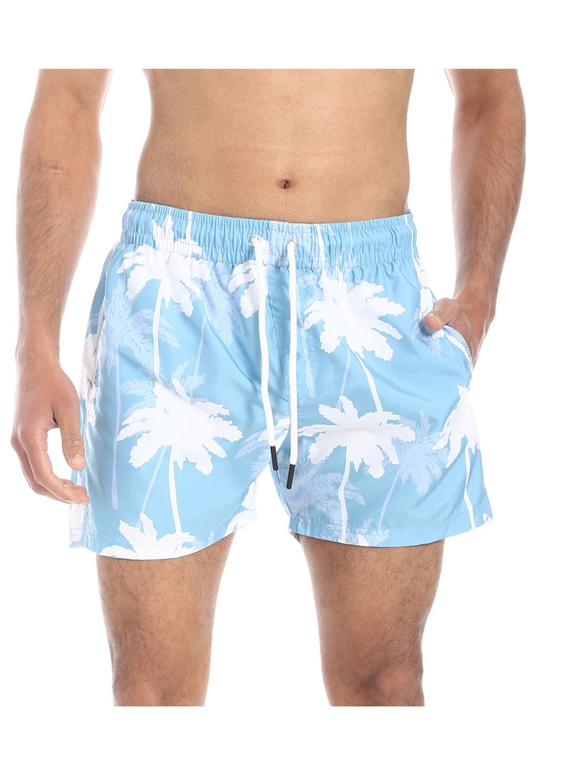 بافون - Regular Fit Self Pattern Swim Shorts - Light Blue & White - Image 1