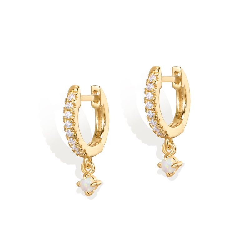 PAVOI 14K Gold Plated 925 Sterling Silver Post Huggie With Dangle | Small Gold Hinged Hoop Earrings For Women | Trendy Hoop CZ Huggie Earrings (Opal, Yellow) - Image 3