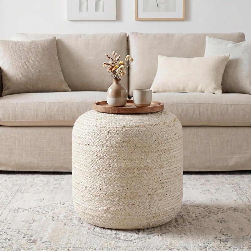 Palisa Jute Pouf Ottoman - Ivory, Boho Foot Rest Stool with Filler for Sofa, Kids Bedroom, Living Room, Outdoor Seat | Hand Woven Comfy Décor Chair Pouffs - 16x16x18 Inches - Image 4