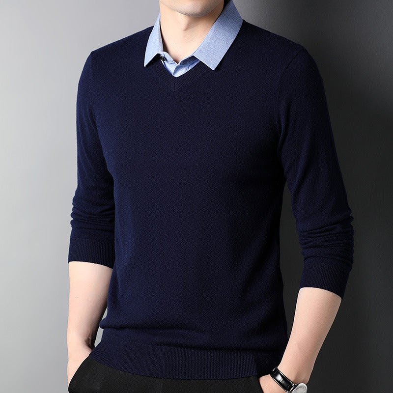 100 Pure Wool Fake Two-piece Mens Knitwear Shirt Collar Autumn and Winter All-match Sweater Casual Middle-aged and Young Sweater Black