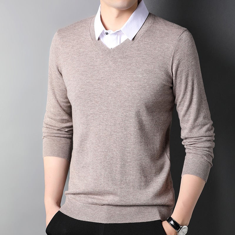 100 Pure Wool Fake Two-piece Mens Knitwear Shirt Collar Autumn and Winter All-match Sweater Casual Middle-aged and Young Sweater Black