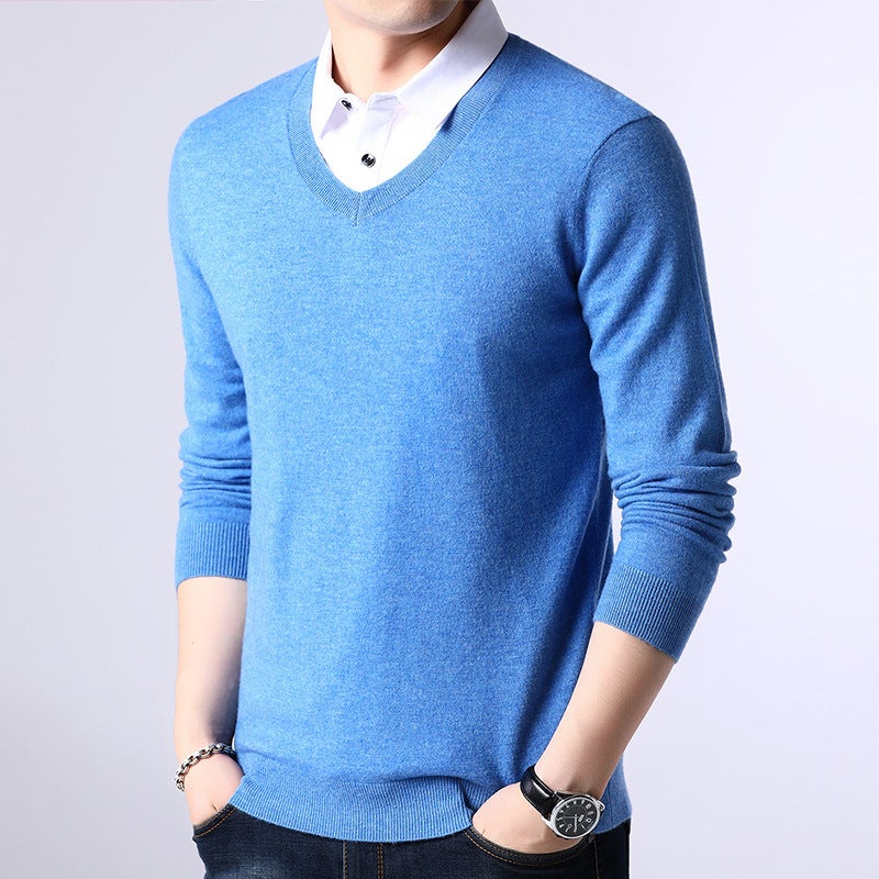 100 Pure Wool Fake Two-piece Mens Knitwear Shirt Collar Autumn and Winter All-match Sweater Casual Middle-aged and Young Sweater Black