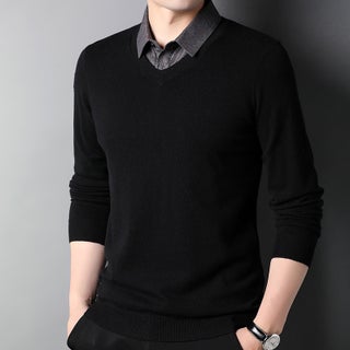 100 Pure Wool Fake Two-piece Mens Knitwear Shirt Collar Autumn and Winter All-match Sweater Casual Middle-aged and Young Sweater Black - pzsku/Z3028FAC17D708C4733CEZ/45/1746208671/e295c018-55b7-4417-b9d6-47f867bca578