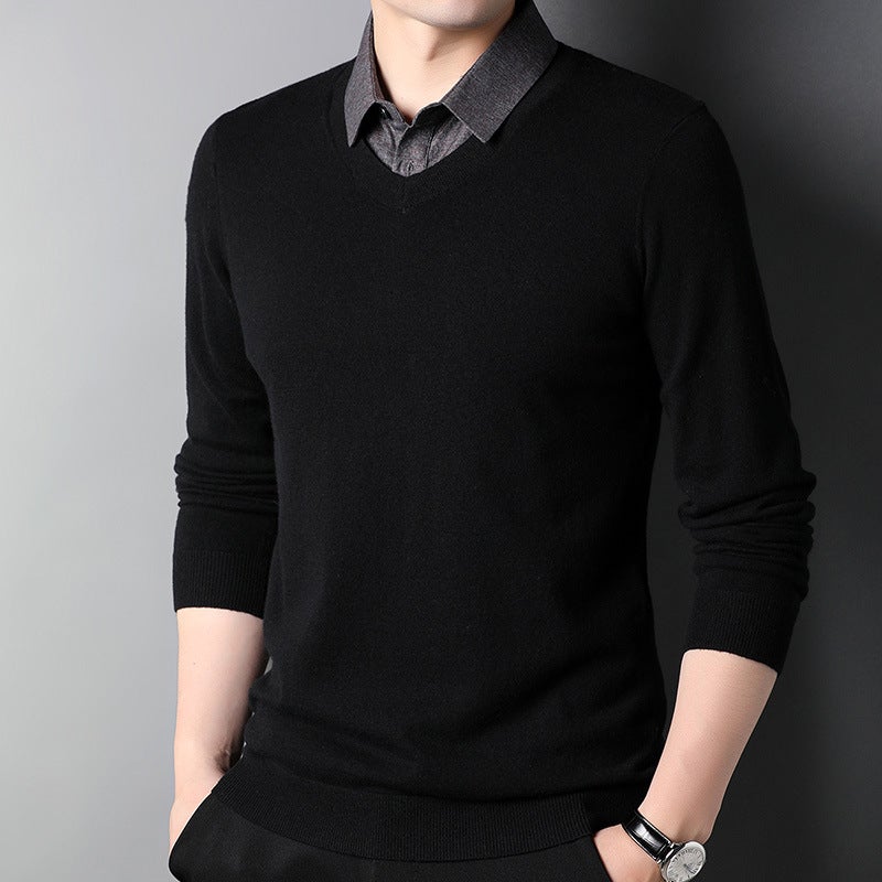 100 Pure Wool Fake Two-piece Mens Knitwear Shirt Collar Autumn and Winter All-match Sweater Casual Middle-aged and Young Sweater Black