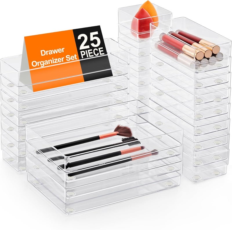 SMARTAKE 25-Piece Drawer Organizer with Non-Slip Silicone Pads, 4-Size Desk Drawer Organizer Trays Storage Tray for Makeup, Jewelries, Utensils in Bedroom Dresser, Office and Kitchen (Clear) - Image 1