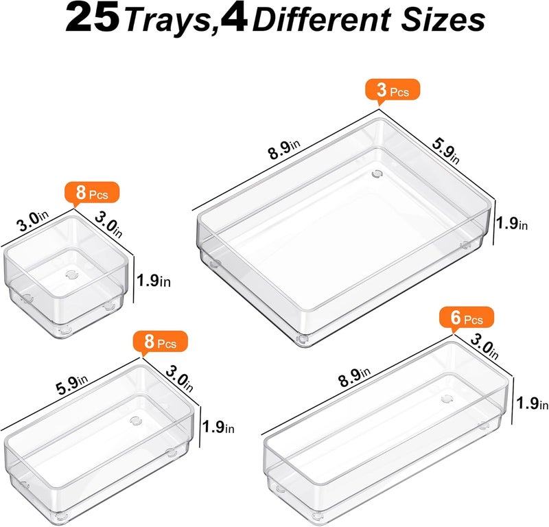 SMARTAKE 25-Piece Drawer Organizer with Non-Slip Silicone Pads, 4-Size Desk Drawer Organizer Trays Storage Tray for Makeup, Jewelries, Utensils in Bedroom Dresser, Office and Kitchen (Clear) - Image 2