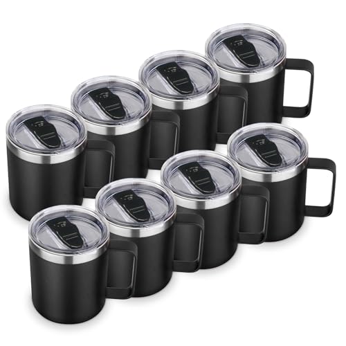 Volhoply 14oz Insulated Stainless Steel Coffee Mug with Lid Bulk 8 PackDouble Wall Vacuum Travel Coffee Cup with HandleReusable Metal Cups TumblerCamping Mugs Keep HotIdeal GiftsBlack8 - Image 1