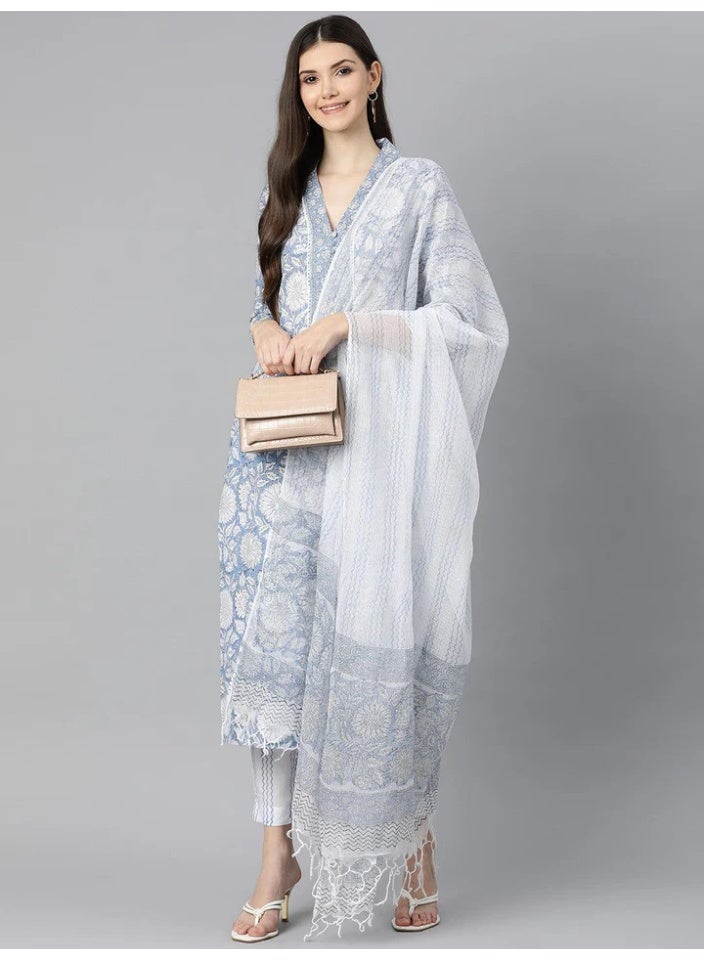 Divena White Blue Pure Cotton Floral Hand Block Print Straight Kurta Set with Dupatta - Image 5