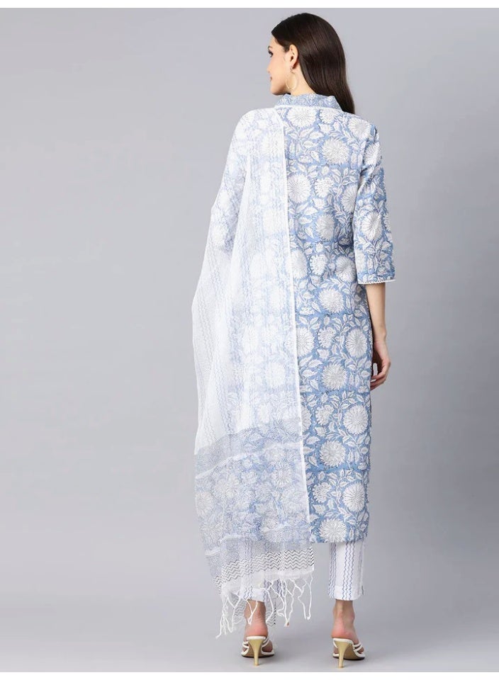 Divena White Blue Pure Cotton Floral Hand Block Print Straight Kurta Set with Dupatta - Image 2