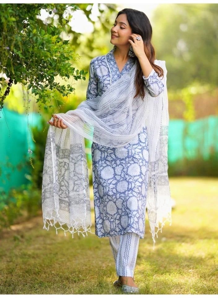 Divena White Blue Pure Cotton Floral Hand Block Print Straight Kurta Set with Dupatta - Image 1