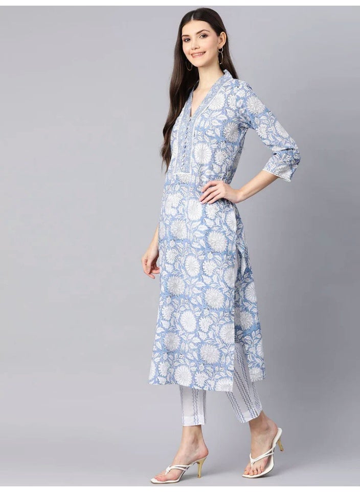Divena White Blue Pure Cotton Floral Hand Block Print Straight Kurta Set with Dupatta - Image 4