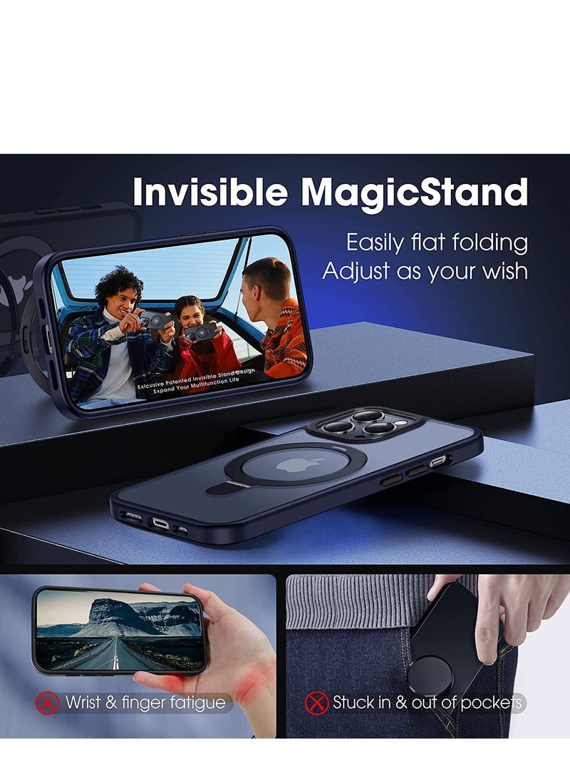 INFOSUN iPhone 14 Pro Max Case with Magnetic Invisible Stand Cover Shockproof and Anti-Yellow Slim Thin Translucent Matte Protective MagSafe Case for Apple iPhone 14 Pro Max 6.7 inch - Navy Blue - Image 3
