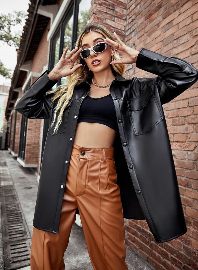 Bellivera Women's Faux Leather Casual Jacket 2025 Spring Trendy Motorcycle Outfits Lightweight Classic Coat, Black Mid-length Jacket, XL - Image 3