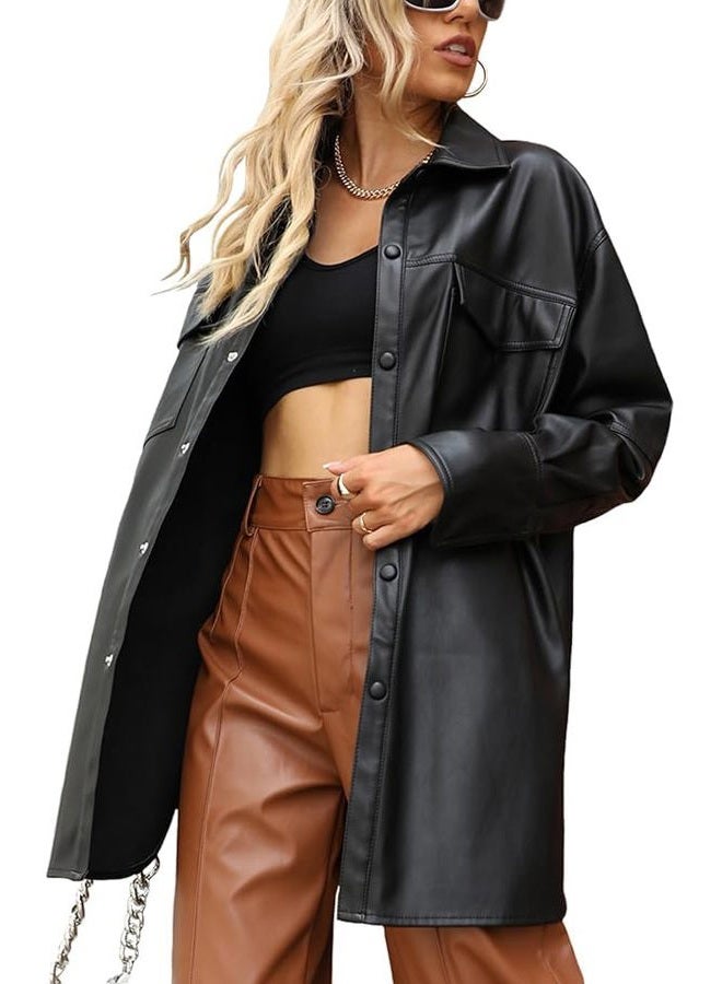 Bellivera Women's Faux Leather Casual Jacket 2025 Spring Trendy Motorcycle Outfits Lightweight Classic Coat, Black Mid-length Jacket, XL - Image 1