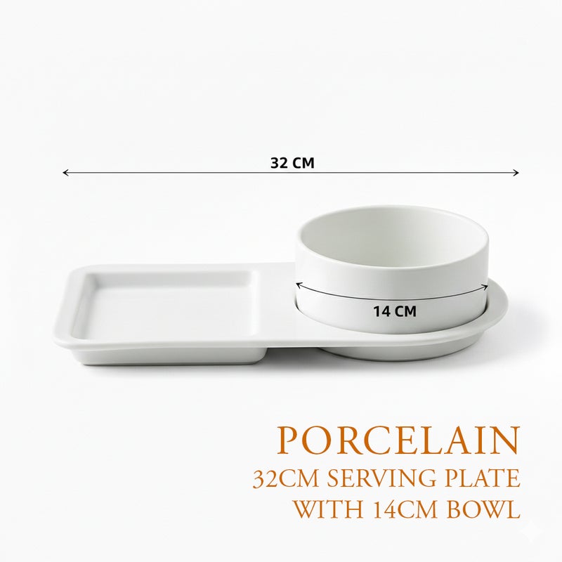Shallow White Porcelain Serving Plate with Bowl  32cm Platter with 14cm Bowl | Elegant Appetizer, Soup & Snack Server for Ramadan, Eid, Diwali, Brunch, Coffee Station & Gifting - Image 4