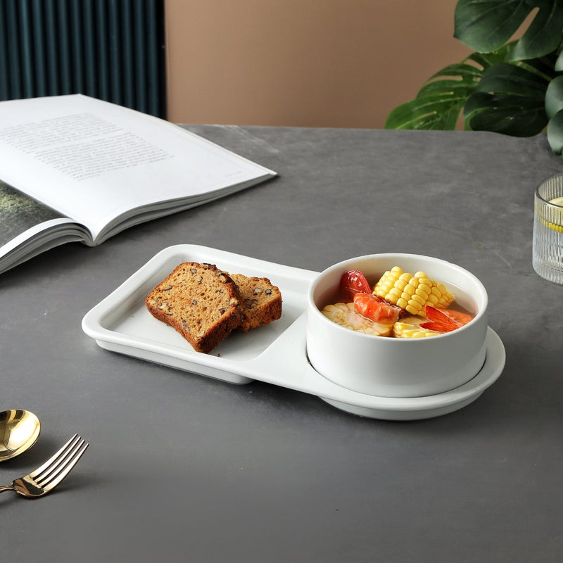 Shallow White Porcelain Serving Plate with Bowl  32cm Platter with 14cm Bowl | Elegant Appetizer, Soup & Snack Server for Ramadan, Eid, Diwali, Brunch, Coffee Station & Gifting - Image 5