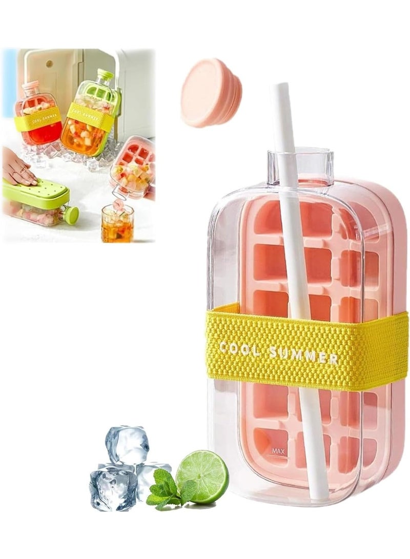 2-in-1 Ice Cube Bottle – Silicone Tray with Lid and Bin for Making Ice Cubes for Beverages, Juice, and Coffee, Easy One-Press Release-Pink , 800 ML - Image 1
