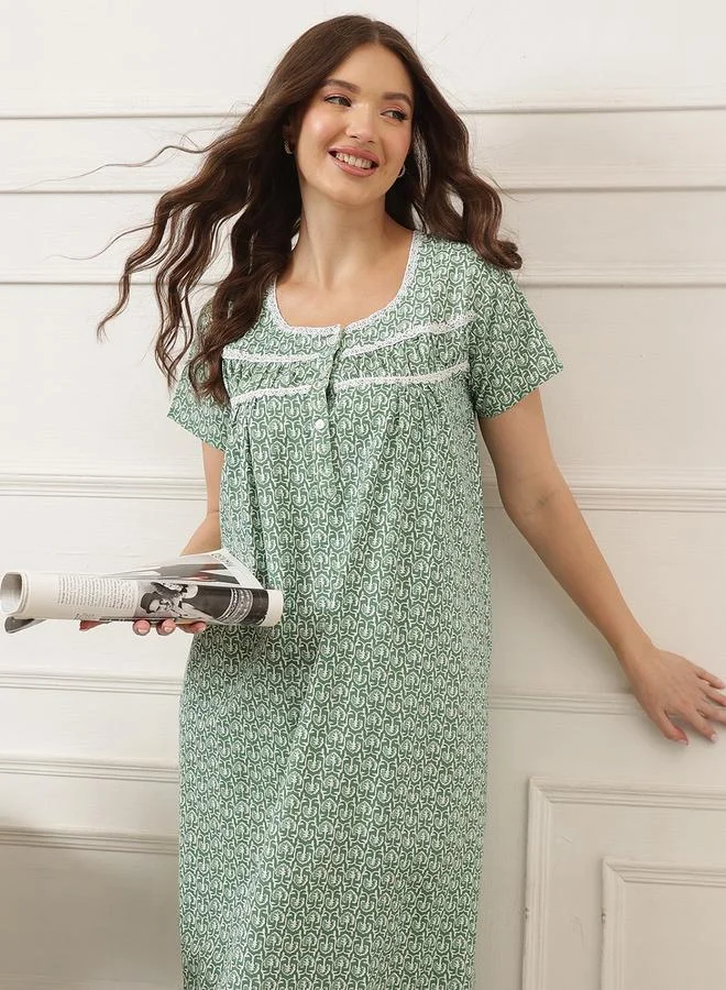 Clovia Emerald Green Comfort Nightdress with Lace Detail