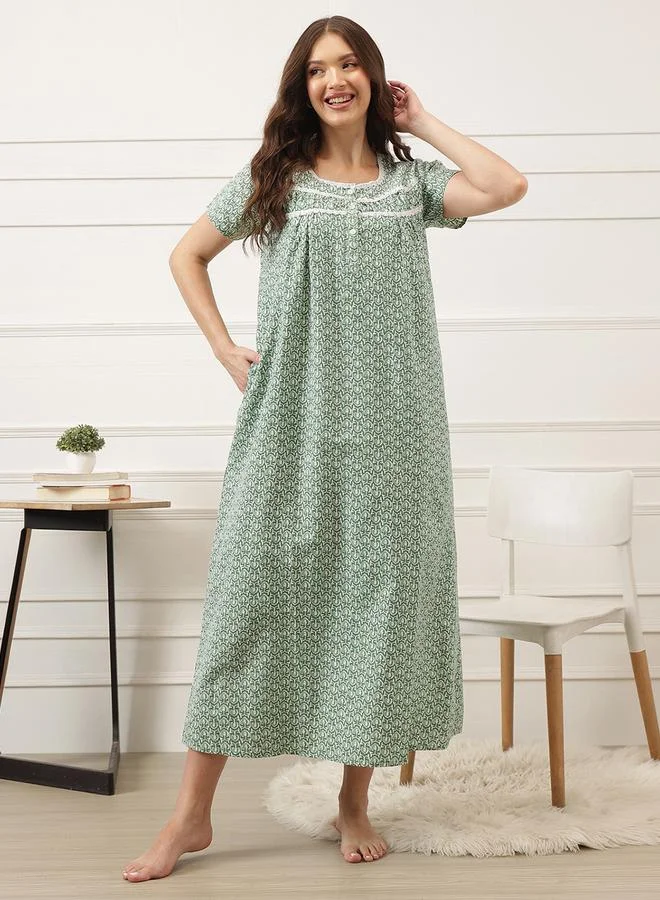 Clovia Emerald Green Comfort Nightdress with Lace Detail