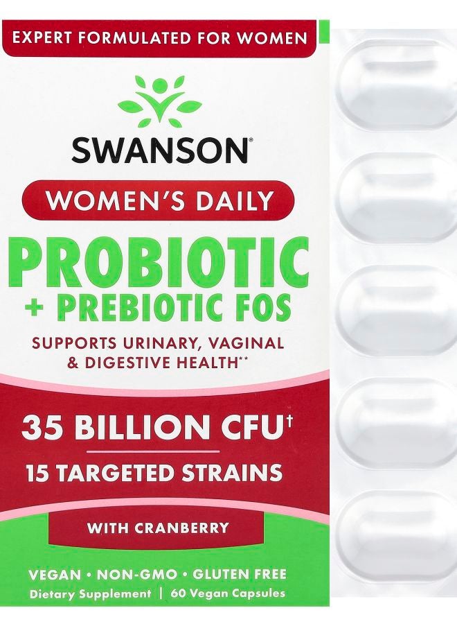SWANSON بروبيوتيك يومي للنساء + بريبيوتيك FOS مع توت البري 35 مليار CFU 60 كبسولة نباتية