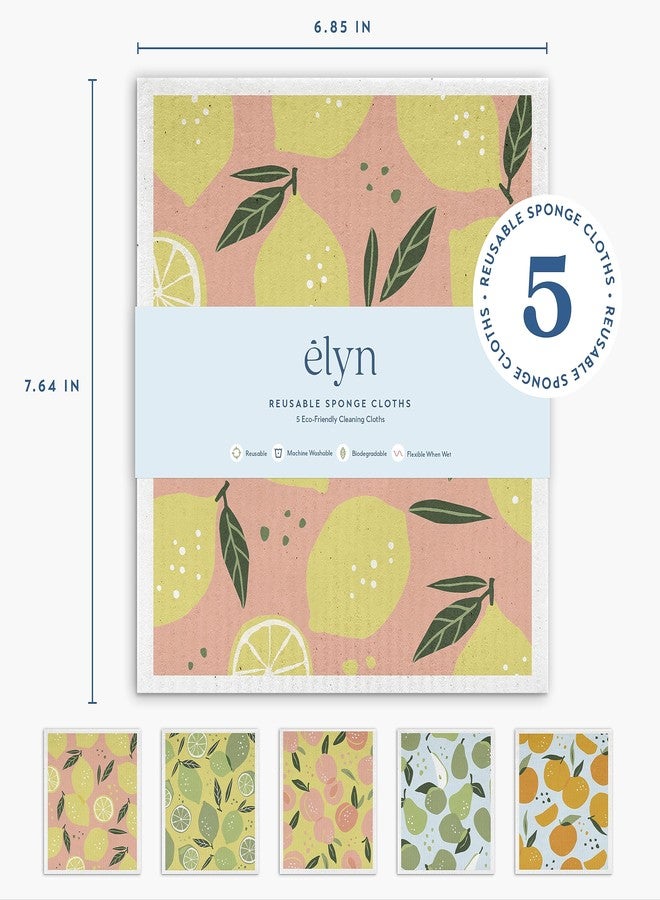 ELYN Swedish Dishcloths, Reusable & Washable Sponge Cloths, Absorbent Cleaning Paper Towels for Kitchen, Dishes, Counters and More, 5 Pack, Assorted Fruit Pattern - Image 2