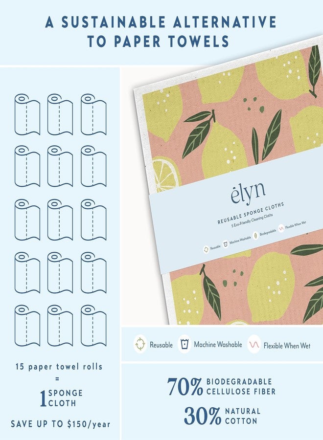 ELYN Swedish Dishcloths, Reusable & Washable Sponge Cloths, Absorbent Cleaning Paper Towels for Kitchen, Dishes, Counters and More, 5 Pack, Assorted Fruit Pattern - Image 3