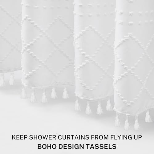 Siiluminisoy White Boho Shower Curtain Fabric Shower Curtains with Tassel 72 x 72 Modern Textured Shower Curtain Farmhouse Minimalist, Tufted Chevron Striped Shabby Chic, Water Resistant Cloth Curtain for Bathroom - Image 3