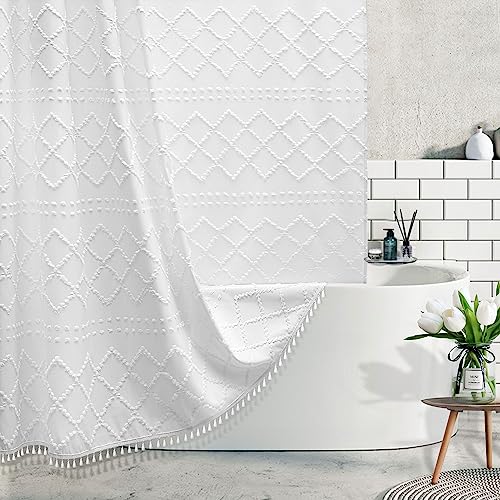 Siiluminisoy White Boho Shower Curtain Fabric Shower Curtains with Tassel 72 x 72 Modern Textured Shower Curtain Farmhouse Minimalist, Tufted Chevron Striped Shabby Chic, Water Resistant Cloth Curtain for Bathroom - Image 1