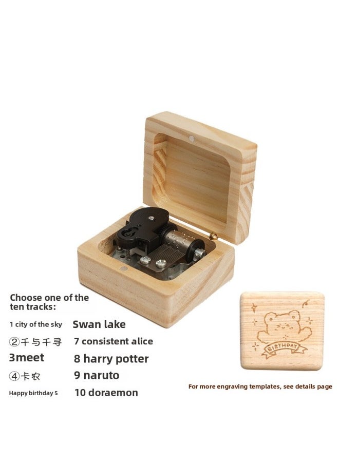 Wooden Fixed Print Engraving Spring Music Box Music Box Sky City Children's Male And Female Friends Birthday Gift Students-Color:[engraving] Log Silver Core (choose 1 From 10 Tracks)  - Image 1