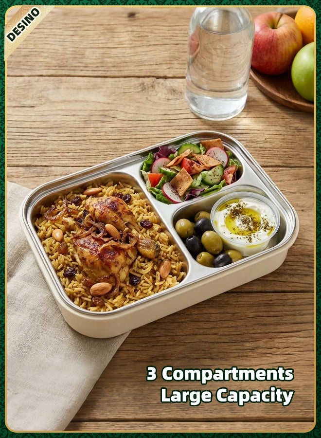 DESINO 3-Compartment Bento Lunch Box, Leakproof Lunch Box for Adults & Kids, 304 Stainless Steel, Detachable & Dishwasher Safe, Lunch Box with Lockable Cutlery Case for School, Office, Travel & Picnic - Image 2