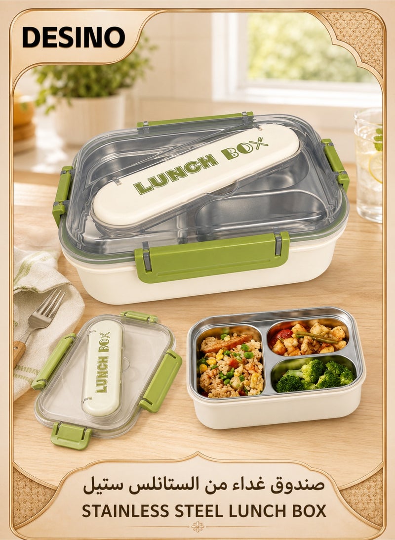 DESINO 3-Compartment Bento Lunch Box, Leakproof Lunch Box for Adults & Kids, 304 Stainless Steel, Detachable & Dishwasher Safe, Lunch Box with Lockable Cutlery Case for School, Office, Travel & Picnic - Image 1