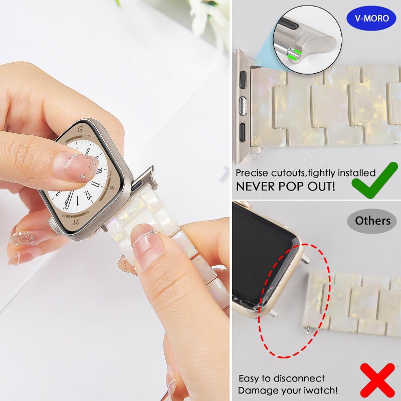 V-MORO Resin Bands Compatible with Apple Watch Series 11/10 Band 46/45/44/42mm Starlight Buckle Fashion Lightweight iPhone Watch Strap Wristband for iwatch Series 9/8/7/SE/6/5/4/3/2/1(Aurora Whtie) - Image 4