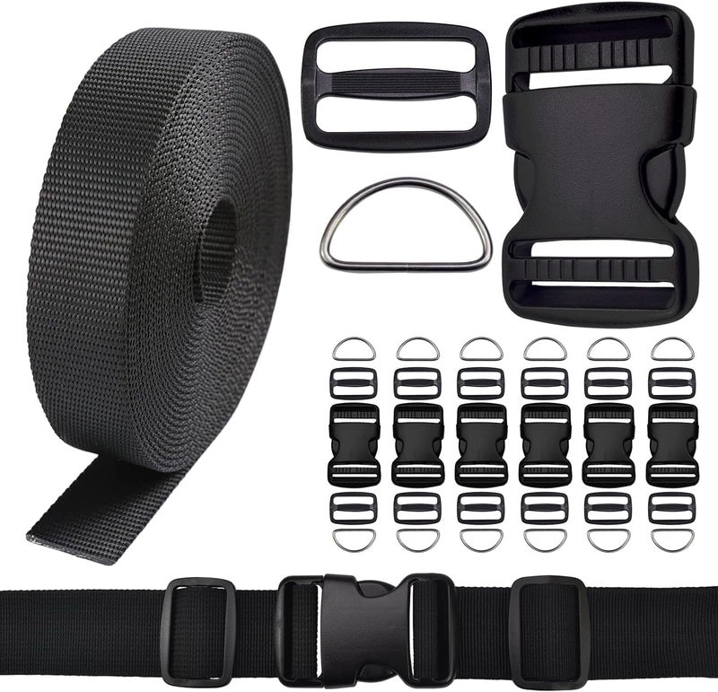 SHOPEE 2 Inch Buckles Straps Set 5 Meter Black Nylon Webbing Strap 6 Pcs Quick Side Release Plastic Buckle Dual Adjustable 12pcs Triglide Slide Clip 12 Pcs Metal D Rings Combo - Image 1