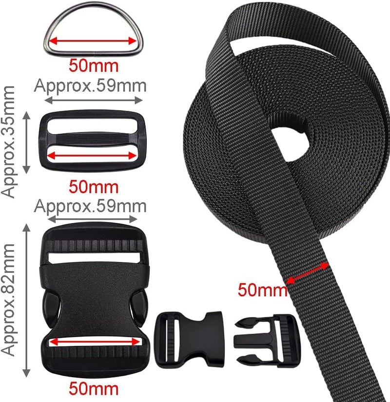 SHOPEE 2 Inch Buckles Straps Set 5 Meter Black Nylon Webbing Strap 6 Pcs Quick Side Release Plastic Buckle Dual Adjustable 12pcs Triglide Slide Clip 12 Pcs Metal D Rings Combo - Image 2