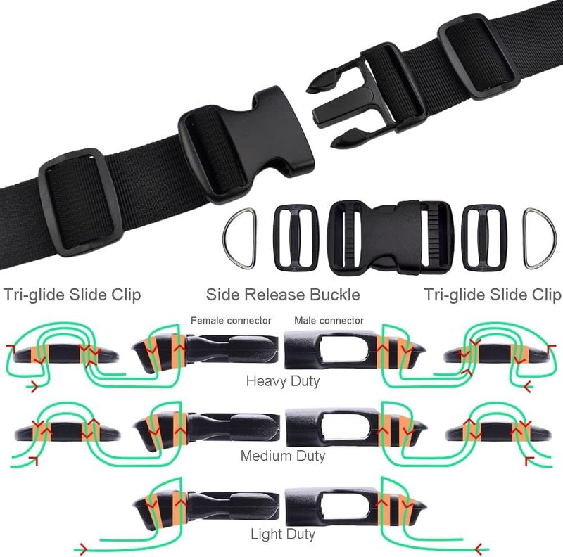 SHOPEE 2 Inch Buckles Straps Set 5 Meter Black Nylon Webbing Strap 6 Pcs Quick Side Release Plastic Buckle Dual Adjustable 12pcs Triglide Slide Clip 12 Pcs Metal D Rings Combo - Image 3