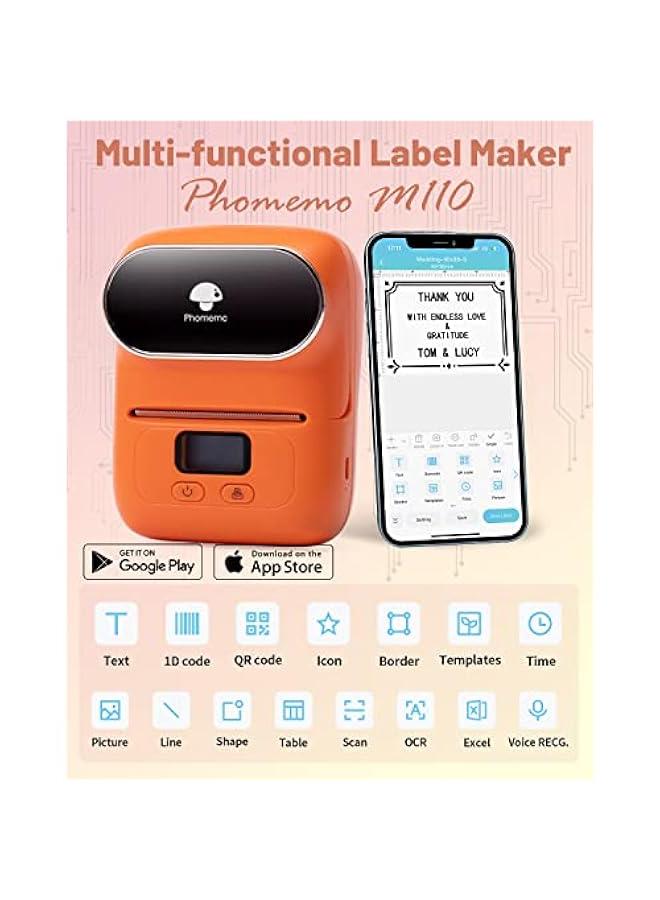 فوميمو ماكينة صنع الملصقات M110 من فوميمو - طابعة ملصقات باركود، صانع ملصقات محمول لبطاقة الاسعار والشعار والعنوان والبريد والمنزل والمكتب والاعمال الصغيرة، متوافقة مع الهواتف والكمبيوتر - برتقالي - Image 3