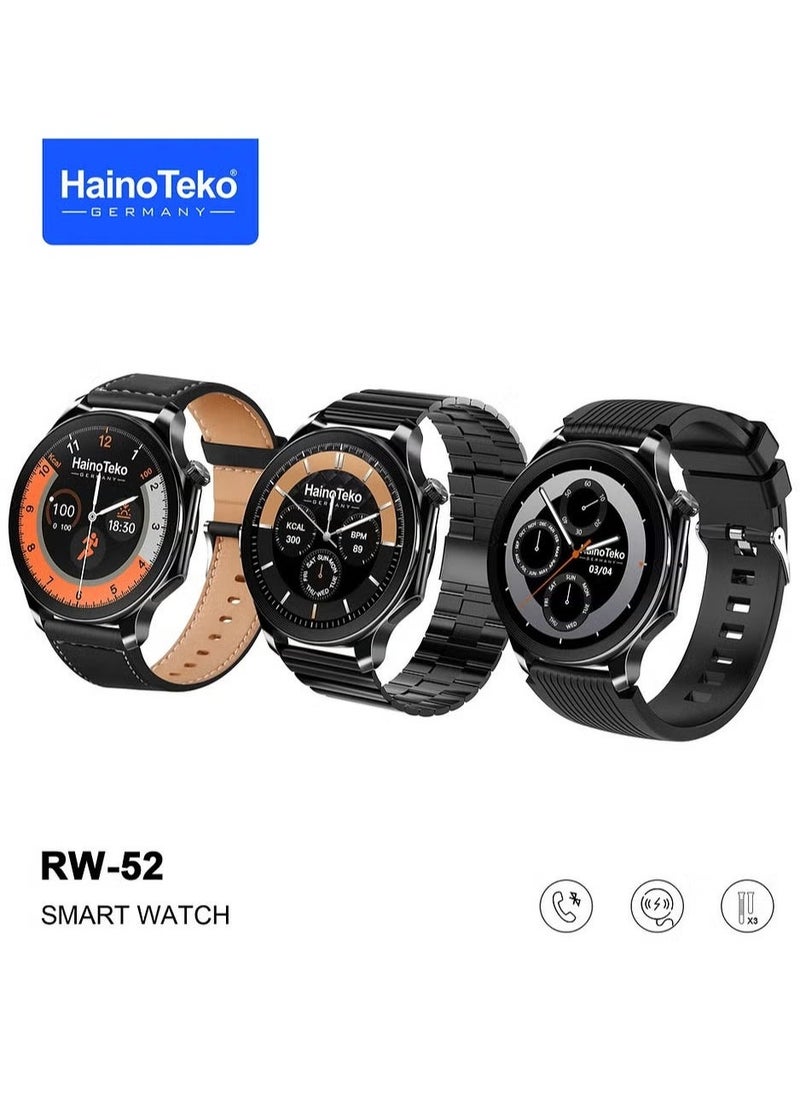 Haino Teko RW52 Round Shape AMOLED Display Smartwatch with 3 Pairs of Straps – Stylish Black Design, Fitness Tracking, Long Battery Life, Perfect for Men and Boys - Image 1