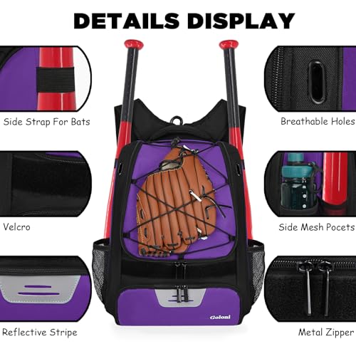 Goloni Baseball BagBackpack for Baseball TBall Softball Equipment GearSoftball Bag with Shoe CompartmentFence Hook - Image 3