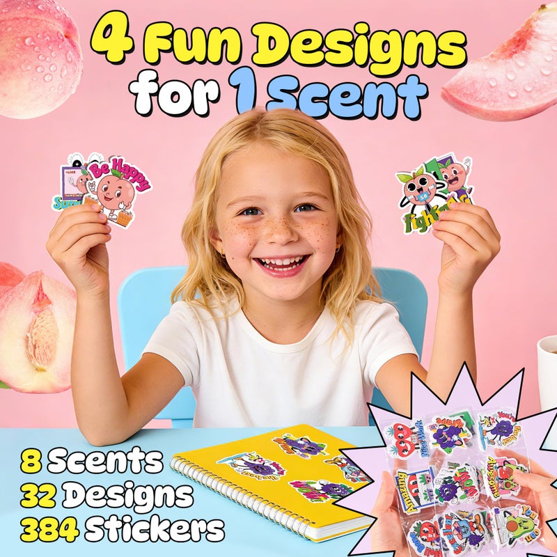 HORIECHALY 384PCS Scratch and Sniff Stickers for Kids, Large Scented Reward Smelly Fruits Stickers, Motivational Incentive Fun Sticker with Positive Words for Students School Teachers Must Haves, 32 Designs - Image 3